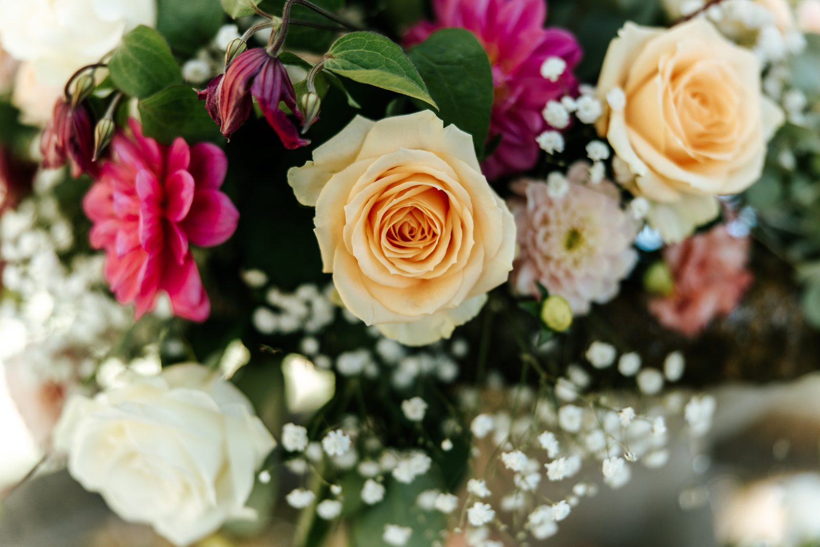Détail de composition — roses, dahlias et gypsophile