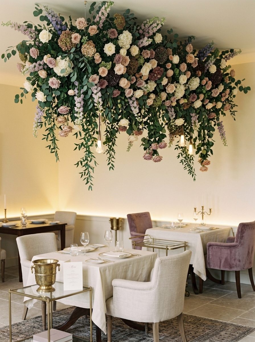 Plafond fleuri et suspensions florales